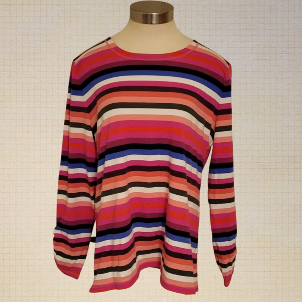 Striped Long Sleeve Cotton Modal Talbots XL Petite Pink Purple Brown Stretchy